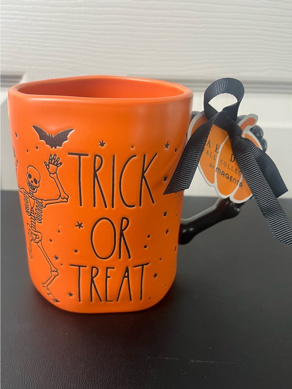 Rae Dunn 'Trick Or Treat' Halloween Mug with Skeleton Design